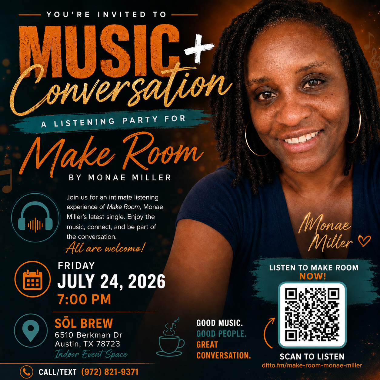 Music and Conversation listening party flyer for Make Room by Monae Miller